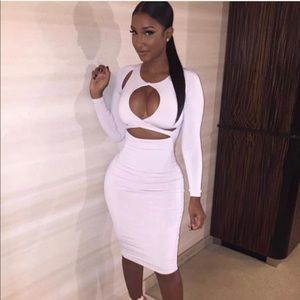 White Cut Out long Sleeve Pencil Midi Dress